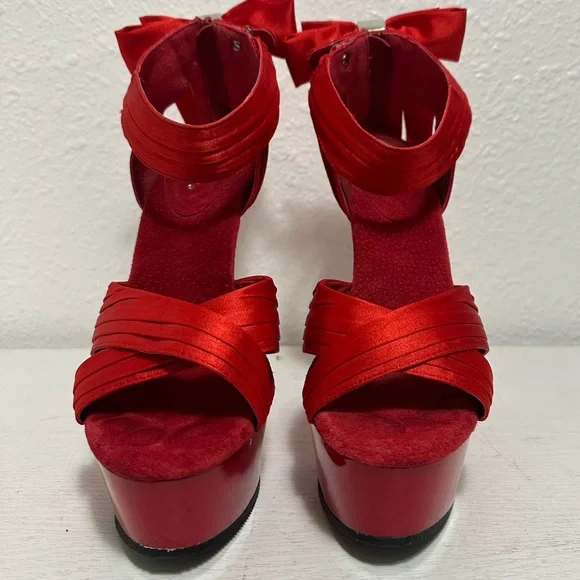 Pleaser delight Red Satin Platform Ankle-Tie High Heel Sandal - Picture 7 of 12